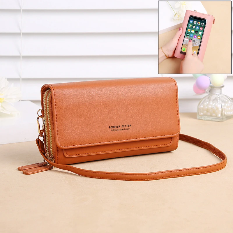 

Women Leather Messenger Mobile Phone Bag Transparent Touch Screen Cell Universal Model Mini Shoulder Bags Universal 6.8 Cover
