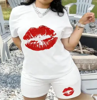 Women's 2-Piece Pajama Set Summer Short Sleeve T-Shirt & Shorts Red Lip Print Soft Cotton Loungewear Sleepwear S-XXL 1