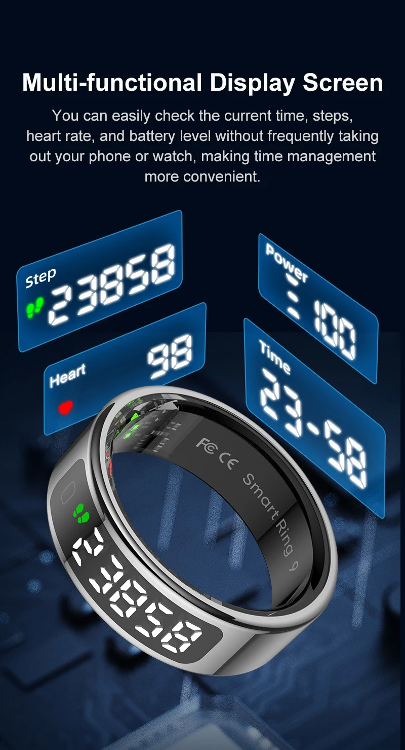 R12 Smart Ring Touch Screen Health Manager Heart Rate/Blood Oxygen Monitor Wireless Charging Waterproof for Universal