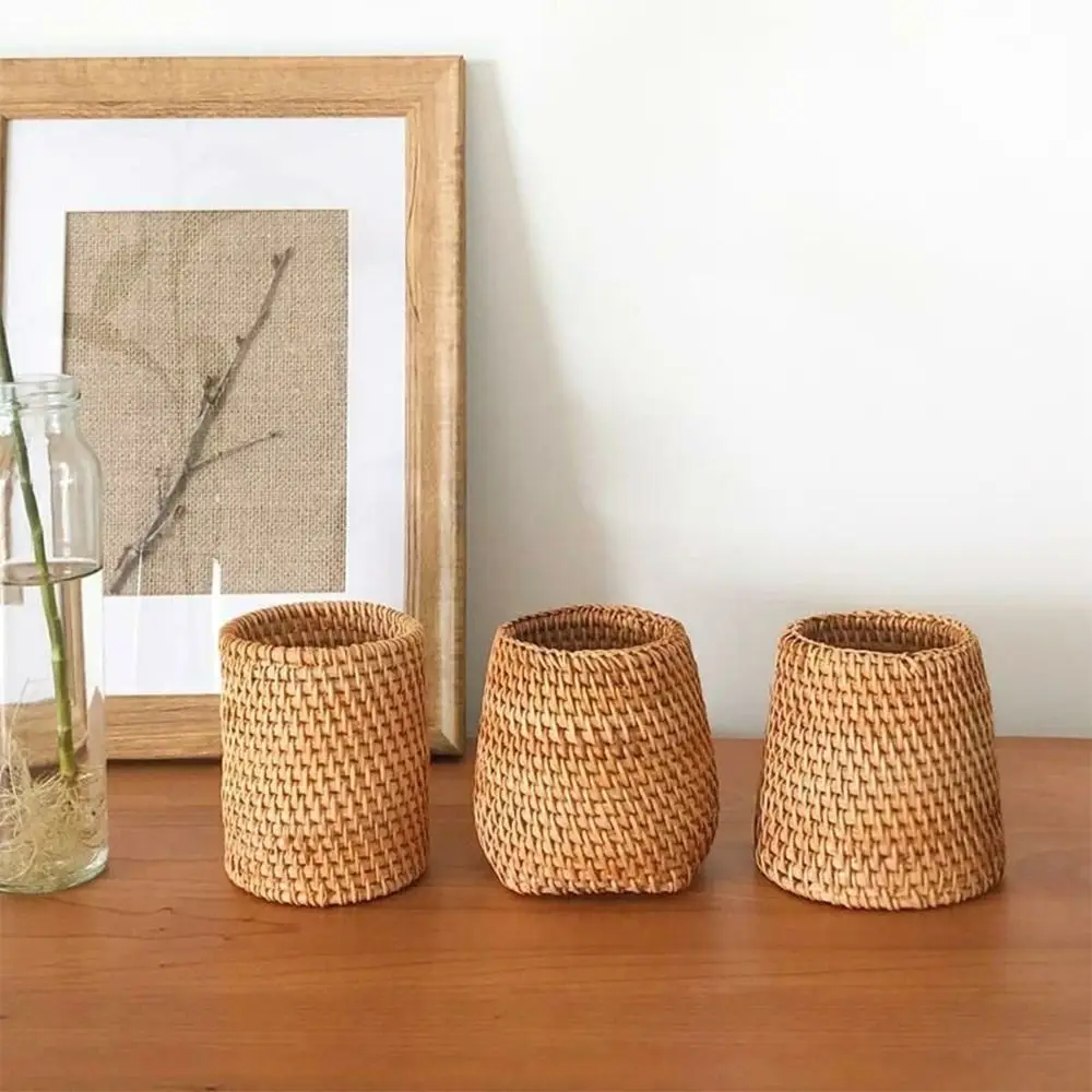 Handmade Pen Holder Hand Woven Wood Vine Rattan Stationery Container Storage Box Organizer Office School Desk Accessories Decor pen holder,desk organizer,pen and brush holder