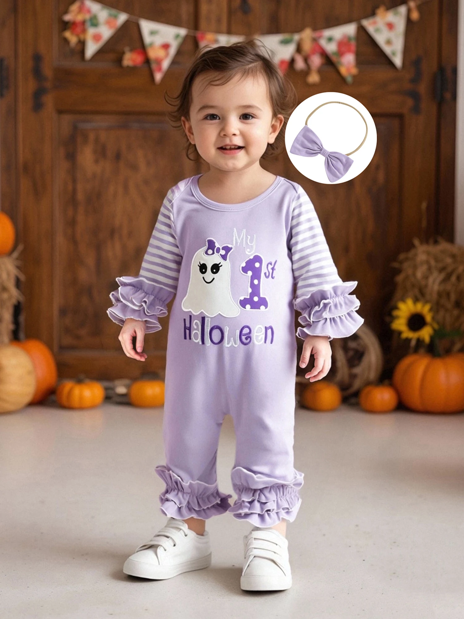 Baby Mädchen Halloween Strampler Kürbis Geist Stickerei Gestreifte Langarm Overalls und Niedliches Stirnband Set für Kleinkinder – Detail 6