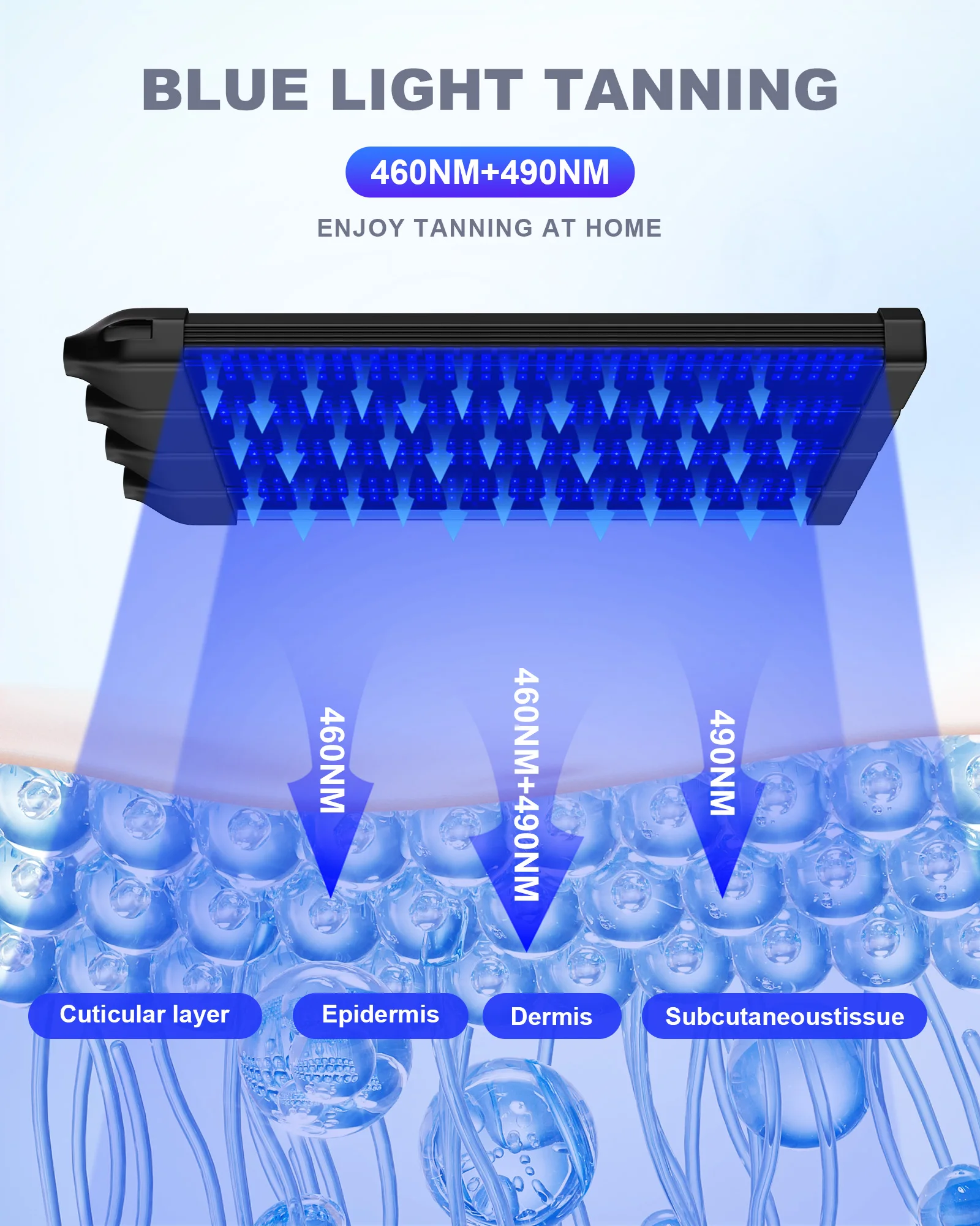 60W Tanning Lamp 4-Head UV Tanning Machine 432 LEDS Blue Light Wavelength 460nm & 490nm 360&deg; Rotation Solarium Light