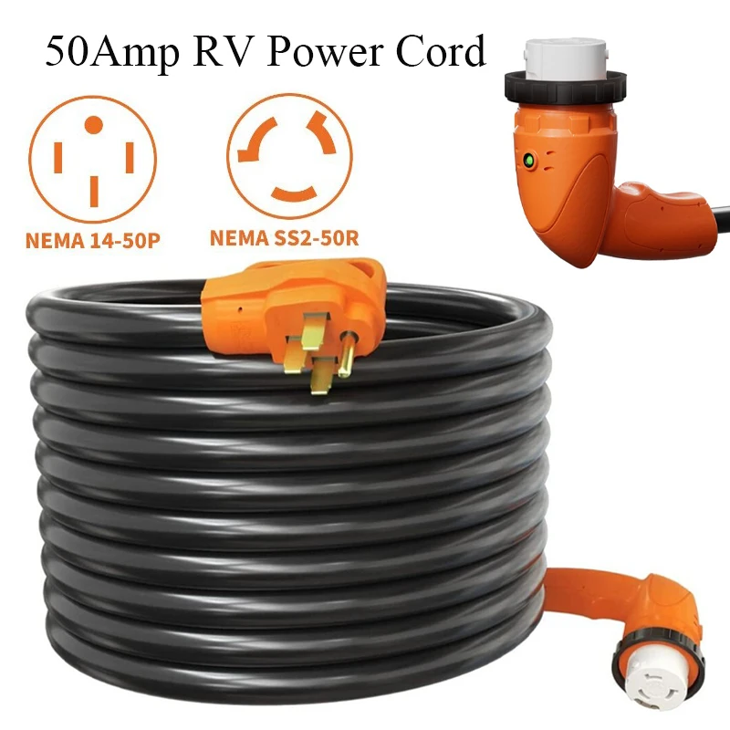 

RV Extension Cord 25/30/50 FT 50 AMP NEMA 14-50P 90° Twist Locking Power Cord with Handle Copper Wire RV Electrical Supply Cable