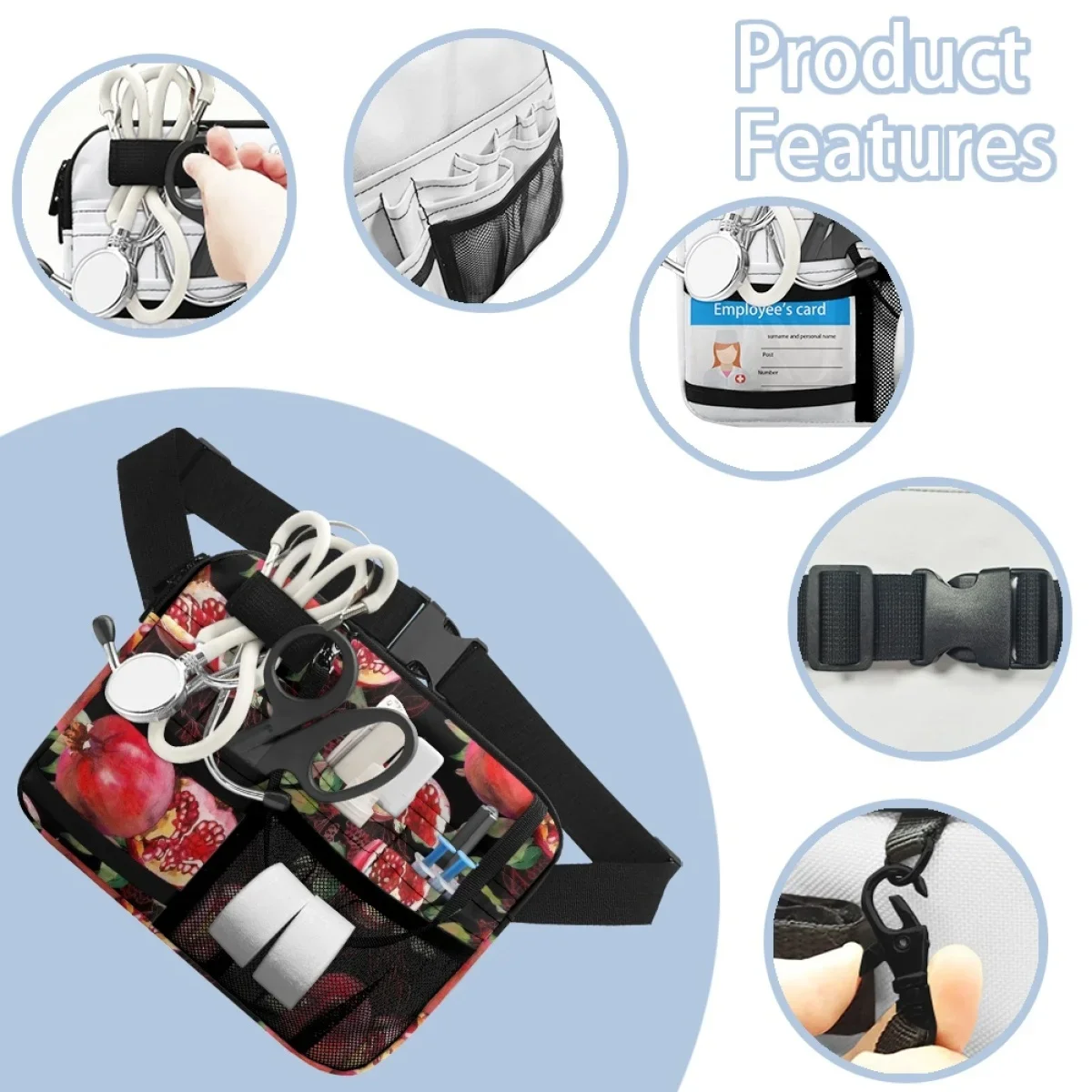 Luxury Pomegranate Flower Design Ladies Waist Bag Portable Nursing Organizer for Stethoscopes Bandage Scissors Medical Supplies