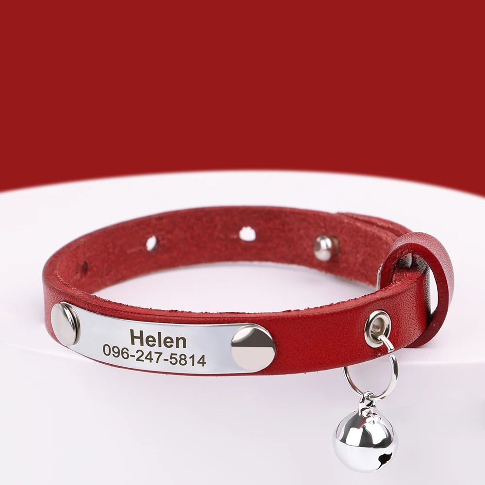 Custom Leather Cat Collar Adjustable Personalized Puppy Cat ID Collars Necklace Engraved Name for Cats Kitten Pet Accessories 4