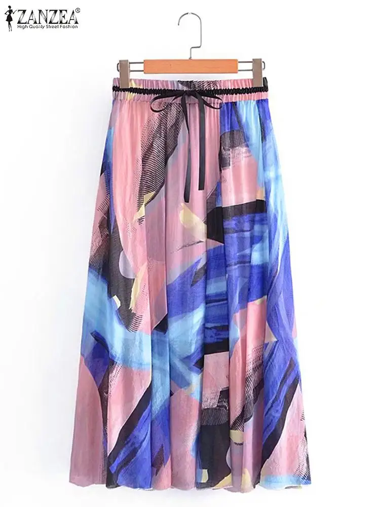 

Fashion Loose Beach Skirt ZANZEA Women Elastic High Waist Skirts Bohemian Printed Vacation Jupes Summer Holiday Casual Faldas