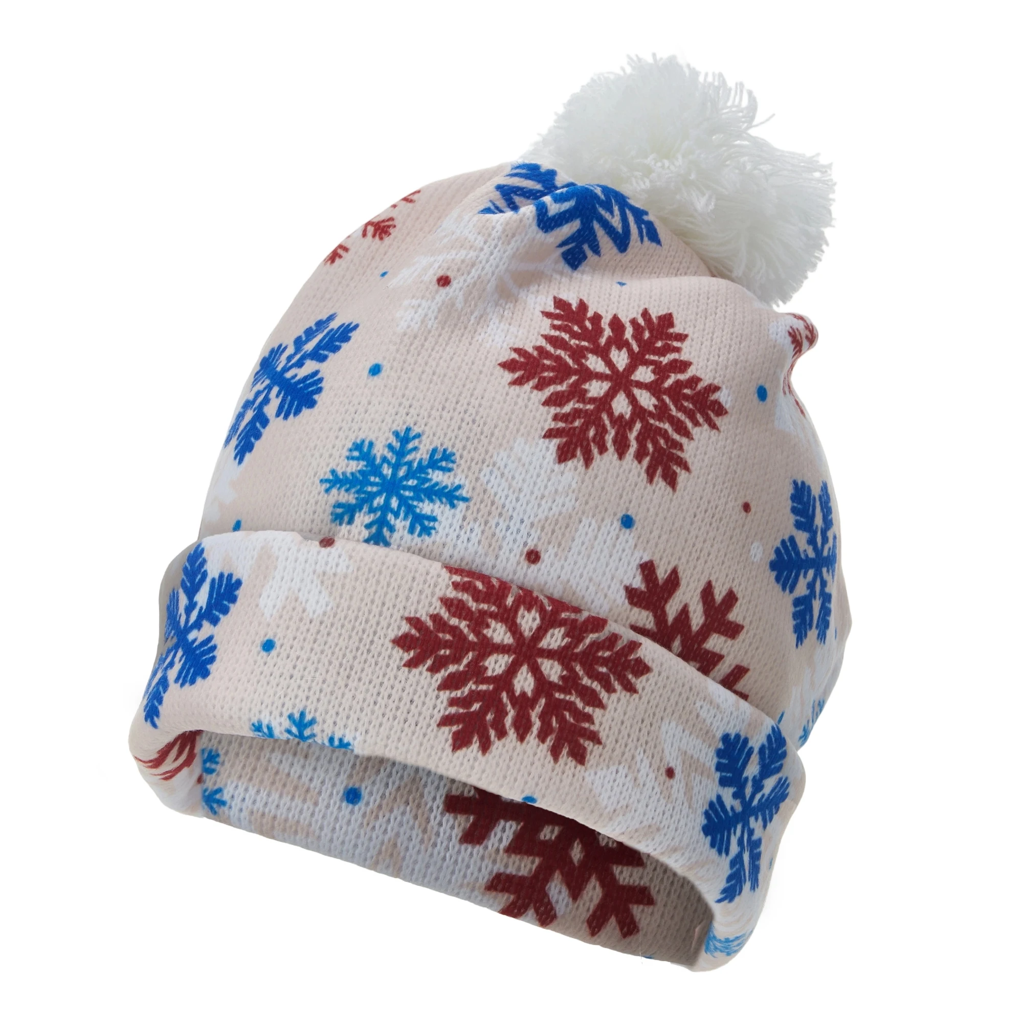 Christmas Knit Hat with Faux Fur Pom Pom and Festive Print - Stylish Beanie for Adults to Celebrate the Holidays