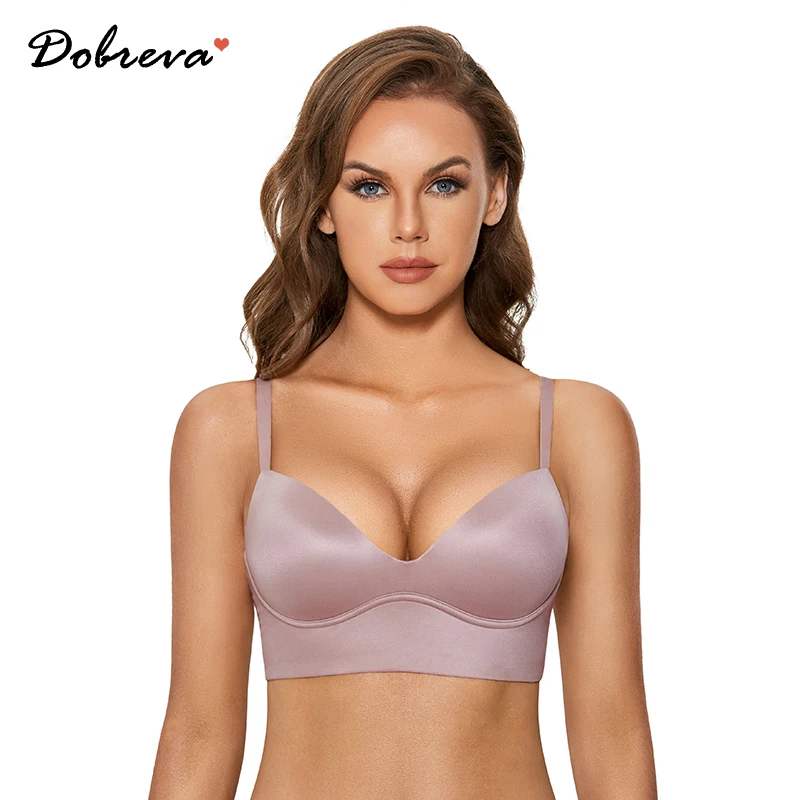 Dobreva Women's Wireless Push Up Bra Padded T Shirt Bras Seamless Wire Free Plunge V Neck Plus