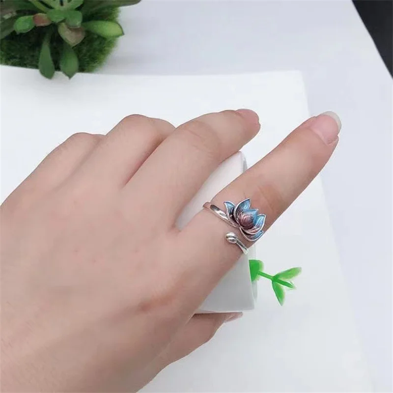 Vintage Lucky Koi Fish Open Ring For Women Fashion Silver Plated Copper Blue Lotus Rabbit Finger Rings Wedding Party Jewelry 6