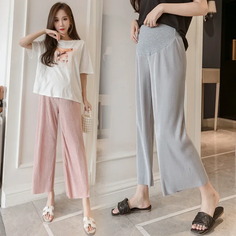 Summer Maternity Belly Trousers Thin High Waist Floor-length Pregnant Woman Pleated Pants Fashion Wide Legs Pregnancy Boot Cut 3
