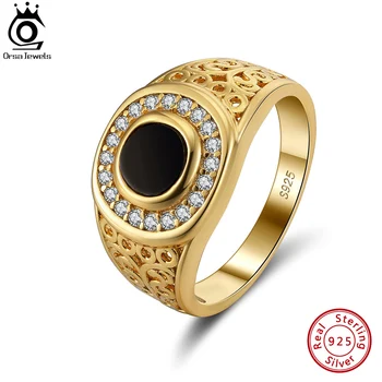 ORSA JEWELS High Quality 925 Sterling Silver Black Round Agate Rings Handmade Flat Onyx Gemstone CZ Rings Jewelry for Men NMR09
