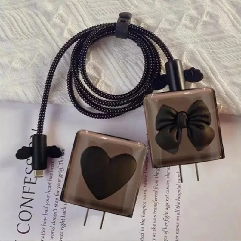 Black Love 18W/20W USB Charger Protective Case Sets Cable Protector For Apple iPhone 16 15 Fast Charging Cable Data Charger Rope