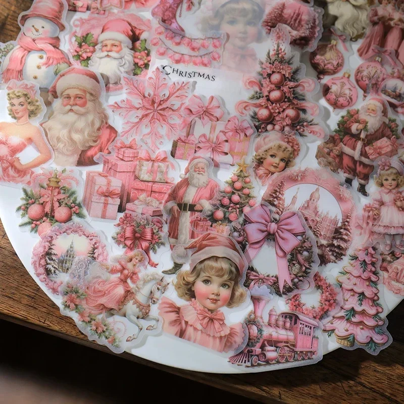 36Pcs Vintage Pink Christmas Sticker Pack Diy Junk Journal Collage Phone Laptop Diary Album Decorazione Regalo Scrapbooking Sticker