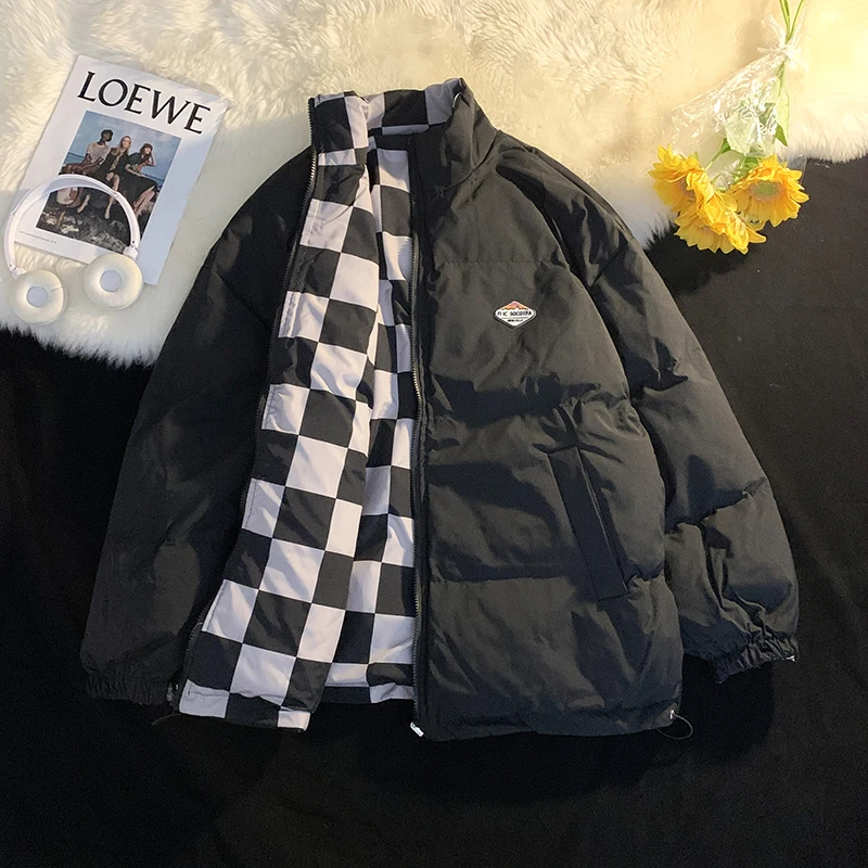 Cotton-Padded Coat Men's Thickened Warm Double-Sided Wear Checkered Loose Casual Fashion Winter Coat All-Matching 1Pc SolidColor
