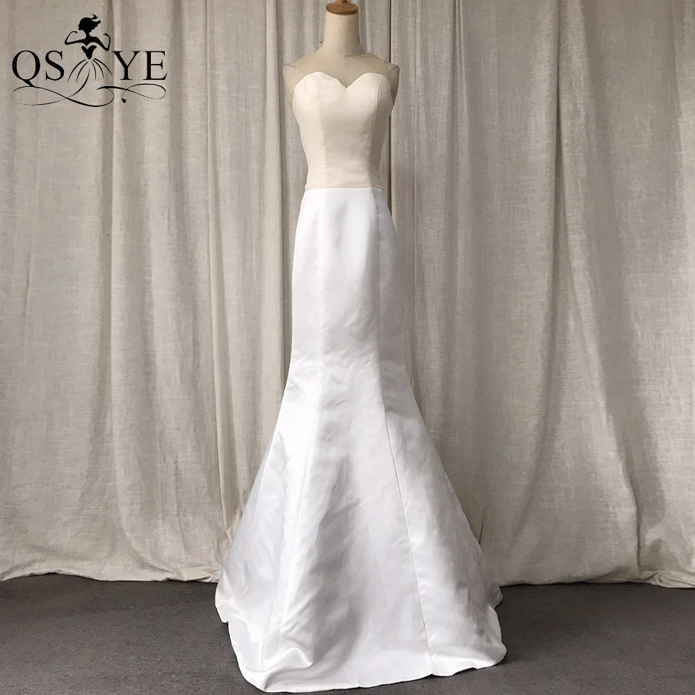 WhitePlainMermaidEveningDressesOpenLowIllusionBackLongProm