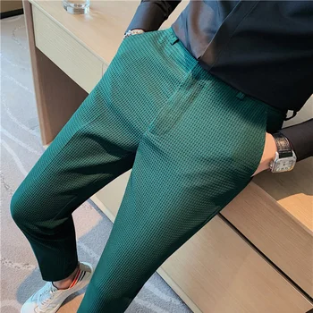 2024 Autumn New Waffle Stretch Waist Business Formal Pants Men Fashion Wedding Slim Trouser Mens Brand Social Party Suit Pants 1
