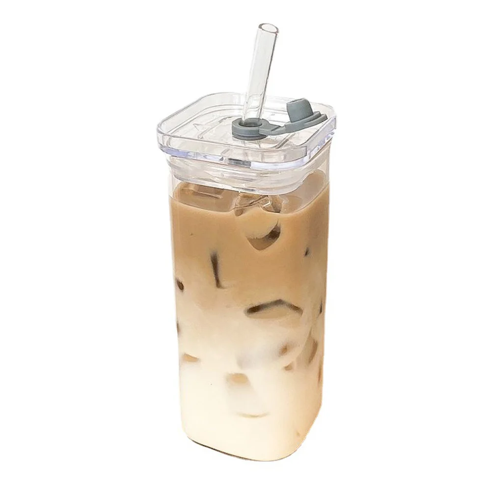 Description Picture 2 of itemHome Glass Square Water Cup With Straw High Temperature Coffee Milk Cup Cold Drink Juice Cup Clear Sippy Cup With Lid