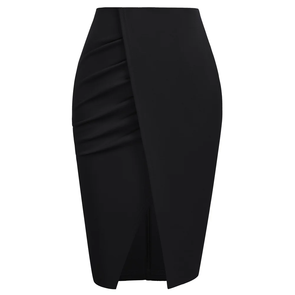 KK Women High Waist Below Knee Bodycon Skirt Wear To Work Pencil Skirts For Women Elastic High Waist Wrap Front OL Workwear A30