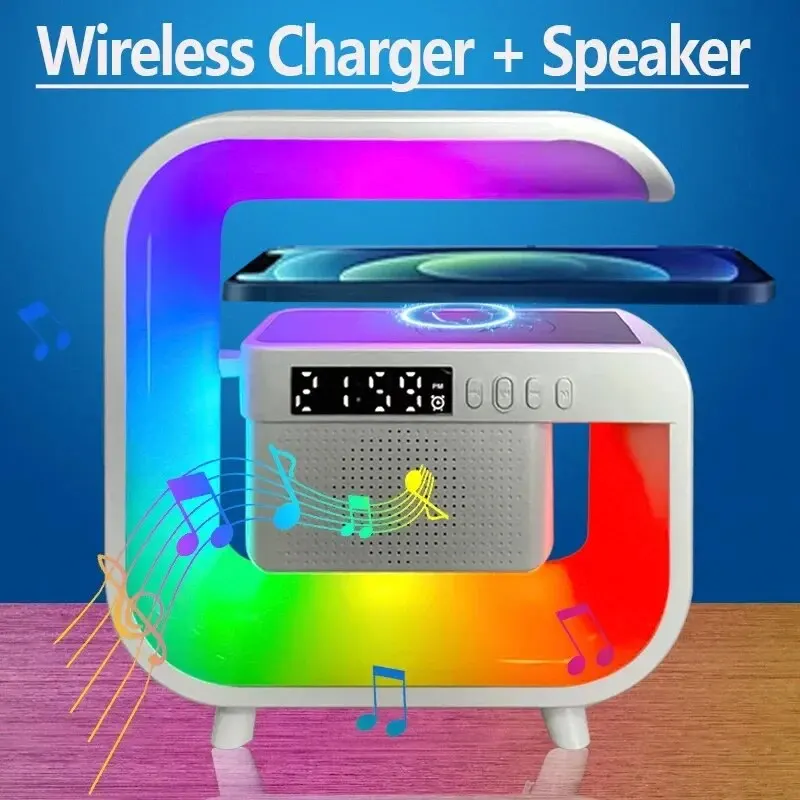 Wireless Charger Stand Pad Bluetooth Speaker Alarm Clock RGB Light Night Lamp Fast Charging Station for iPhone Samsung Xiaomi
