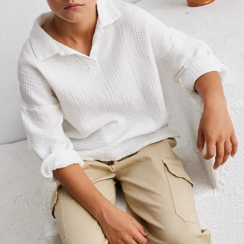 Cotton Soft Gauze Boys Polo Shirt Spring Autumn New Children's Turn-Down Collar Long Sleeves White Shirts