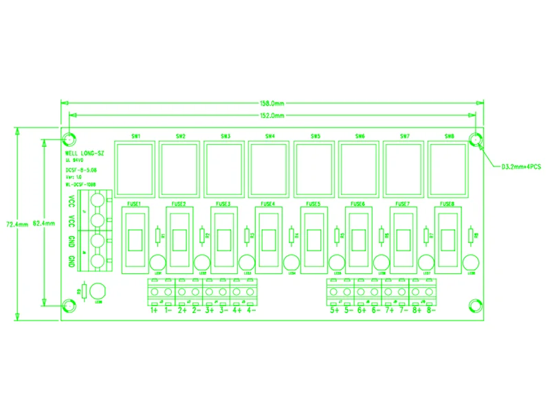 DIN-Schienenmontage, 8-Positionen-Schalter, Stromverteilungsmodul, Sicherungsteilerplatine, AC/DC 5–32 V – Detail 2