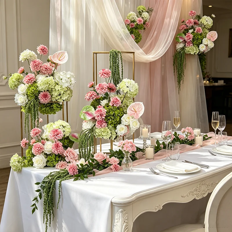 Rosa-grünes Hortensien-Anthurien-Blumenarrangement Luxuriöse Hochzeitstischdekoration Künstliche Blumen Deko-Blumen für Empfang