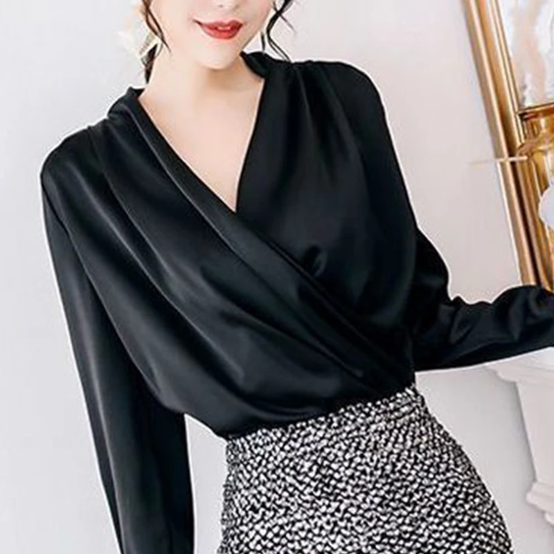 Spring Autumn Office Lady Elegant Fashion Cross V-neck Satin Shirt Female Solid Color All-match Long Sleeve Blouse Women's Top