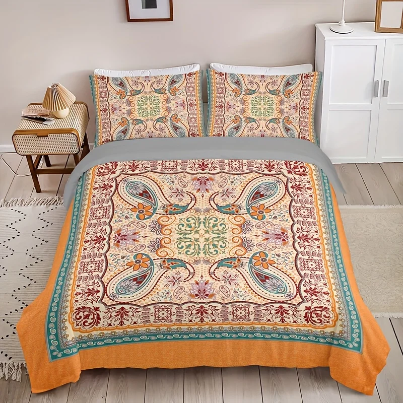 3Pcs Vintage Paisley Bohemian Duvet Cover Set, Soft Comfortable Breathable Bedding with Pillowcases for Bedroom Guest Room Decor
