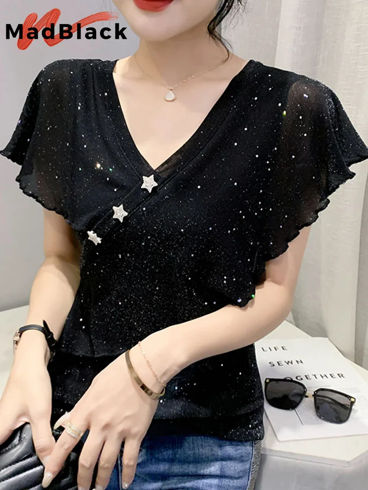 

MadBlack Summer European Clothes Mesh T-Shirt Sexy V-Neck Ruffles Shiny Women Tops Short Sleeve All Match Elastic Tees T25611L