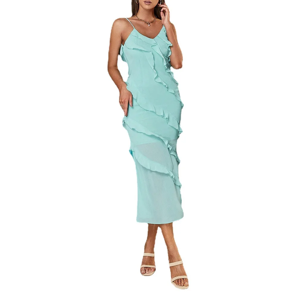 

Women perspective Patchwork Ruffle Bohemian Dress 2024 Summer Backless Sleeveless V-Neck Slim Bodycon Spaghetti Strap Midi Dress