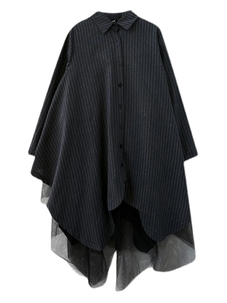 Cotton Striped Mesh Spliced Shirt Dresses For Women Long Sleeve Loose Casual Vintage Dress Fashion Clothes Spring Autumn 2025