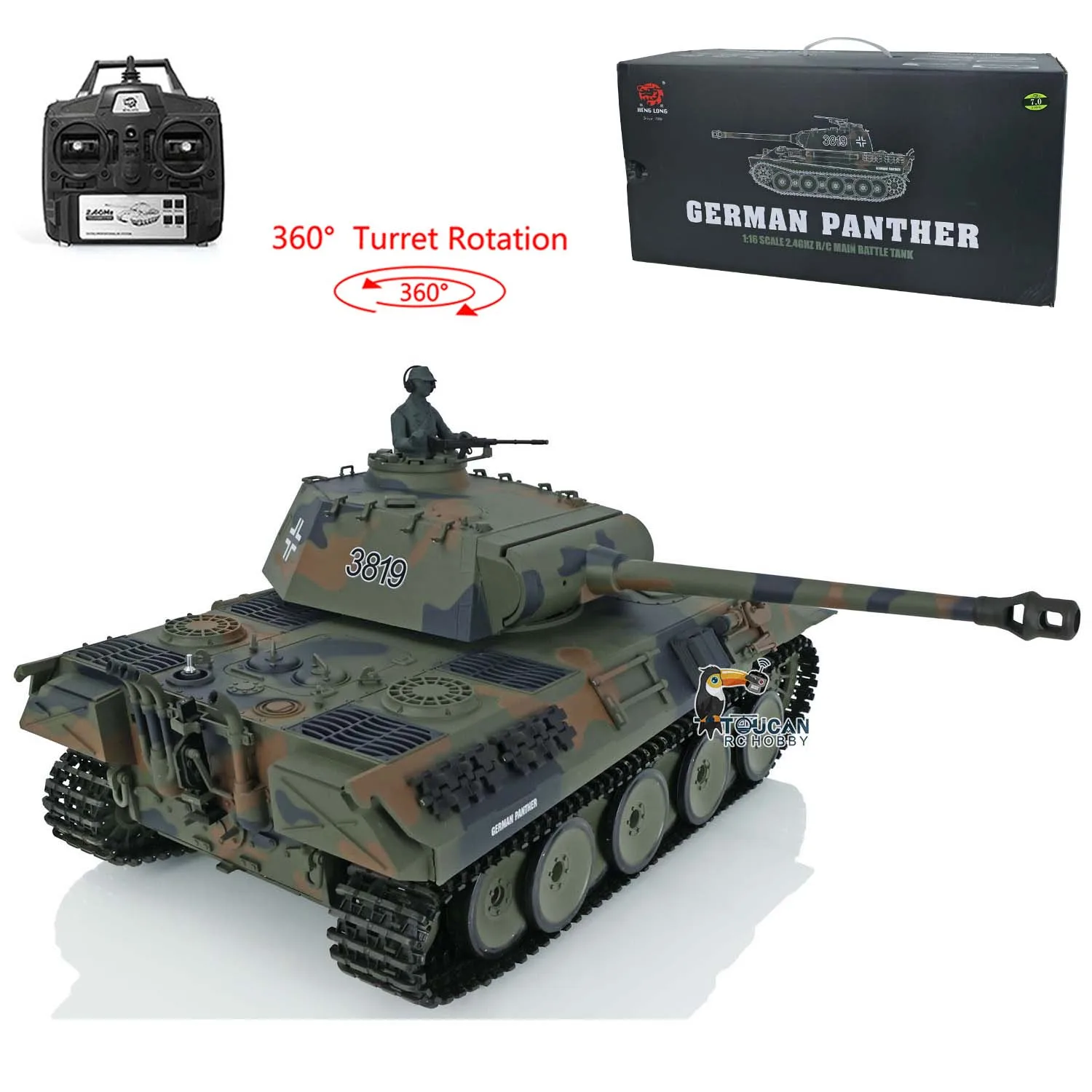 2.4Ghz HENG LONG 1/16 7.0 Plastic German Panther V RTR RC Tank 3819 360° Turret Rotation BB Pellets Smoke Units Infrared TH17286 3