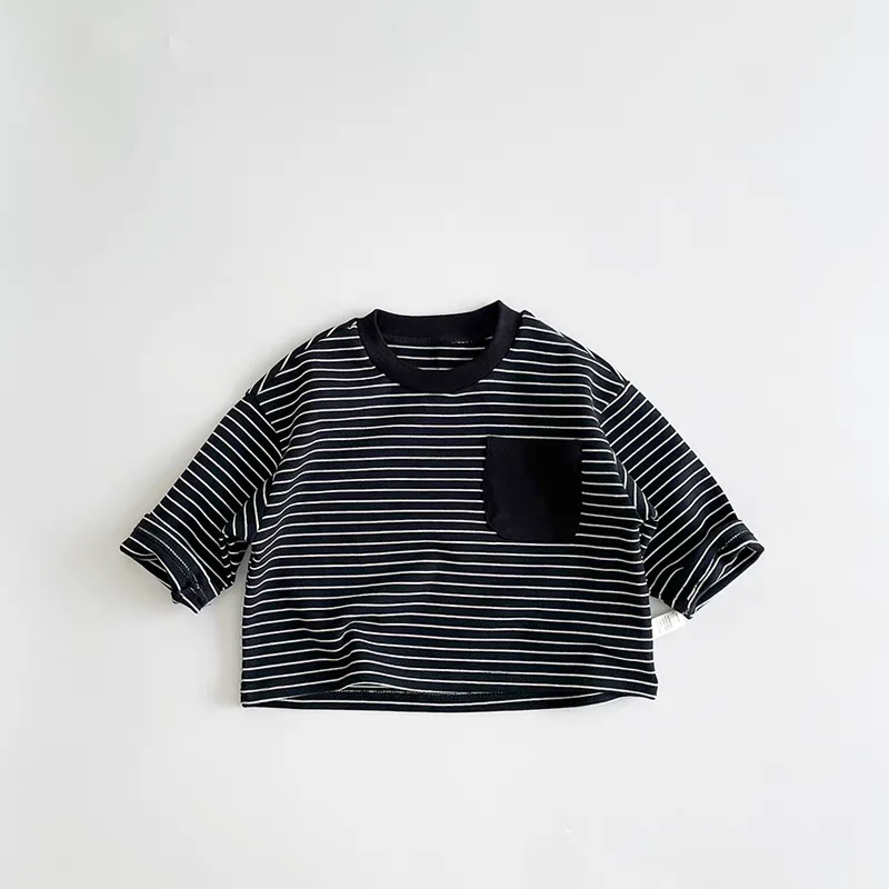 Fashion Striped Children Long Sleeved T Shirt Spring Autumn Loose Casual Kids Base Shirt Baby Boys Pocket Blouse Crewneck 1-6y