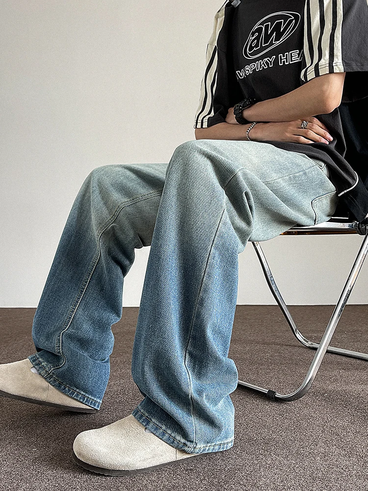 Fashion 2024 Spring New High Street Gradient Jeans High-End Denim Pants Men's Loose Comfortable Straight-Leg Denim Trousers