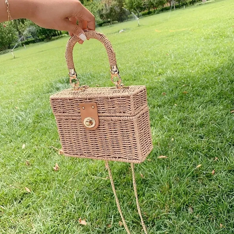 Yogodlns Summer Hot Straw Bag Women Handmade Rattan Shoulder Bag Travel Vacation Beach Bag Fashion Small Square Bag Box Pouch