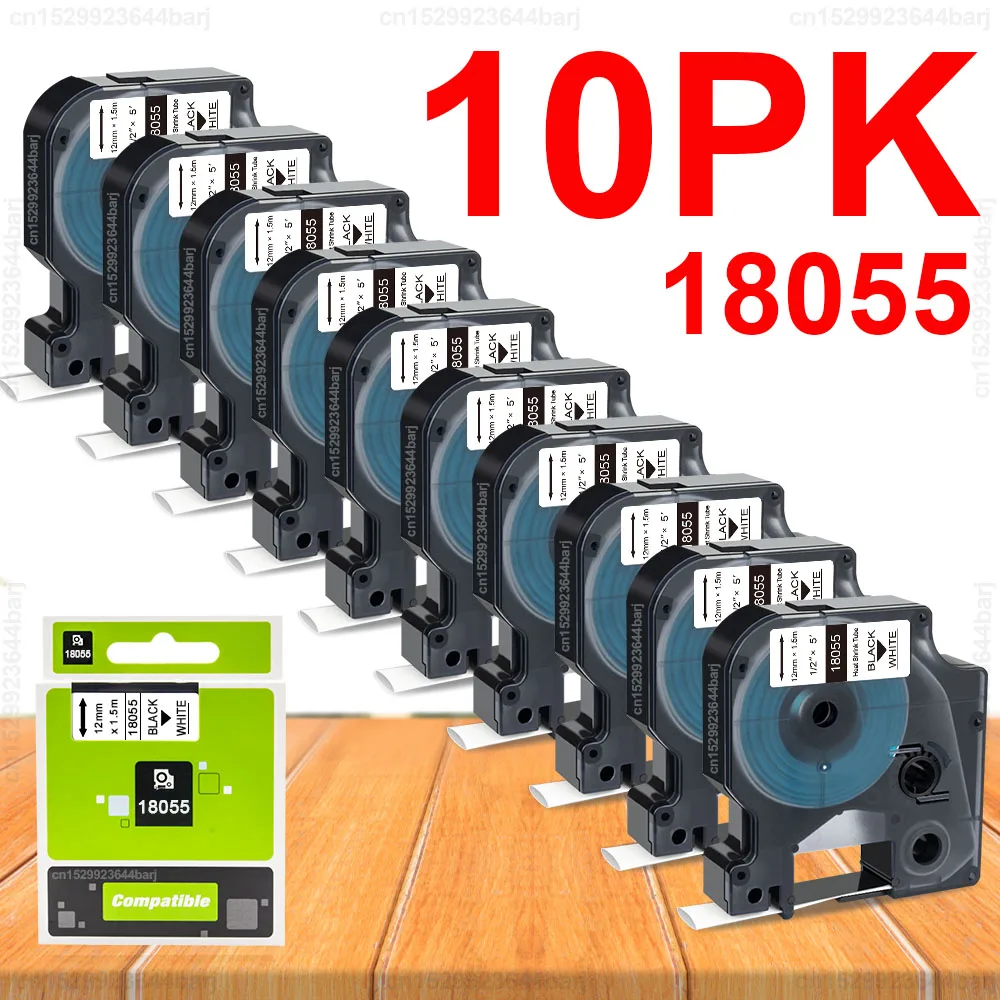 

10Pcs 18055 Compatible Dymo Heat Shrink Tube Tape 18051 18052 18053 18054 18056 6/9/12/19/24mm for Dymo Rhino 4200 5200 Printer