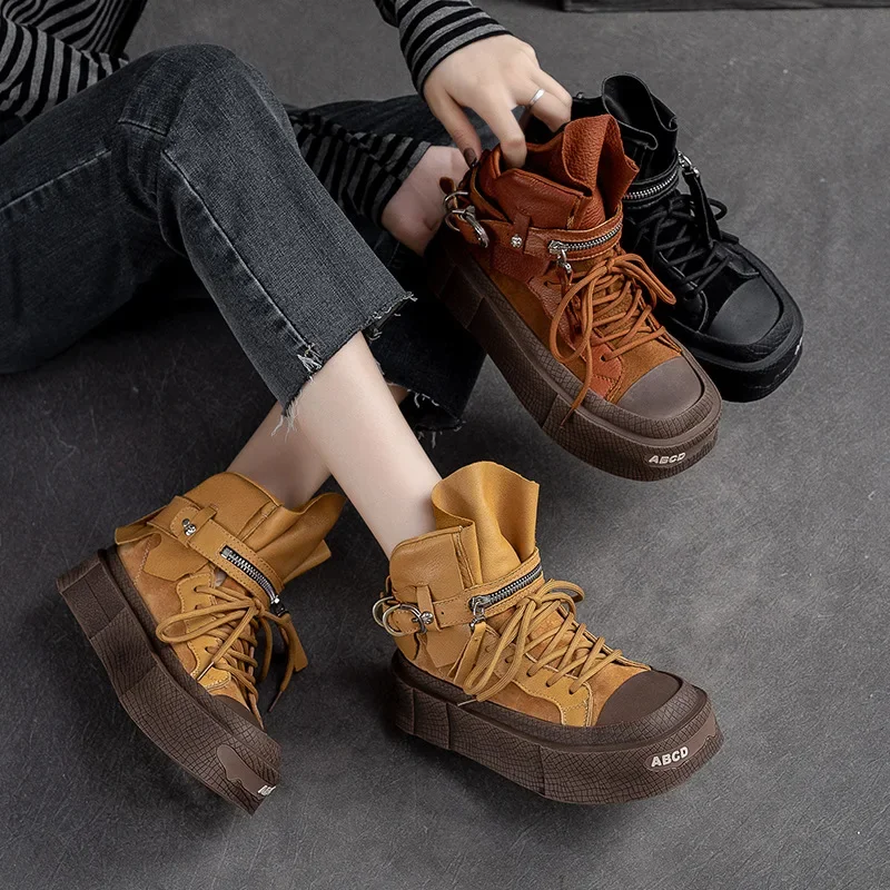 

Birkuir Thick Heel Boots For Women Genuine Leather Casual Buckle Zip Lace Up Boots Soft Platform Shoes Luxury Ankle Boots Ladies