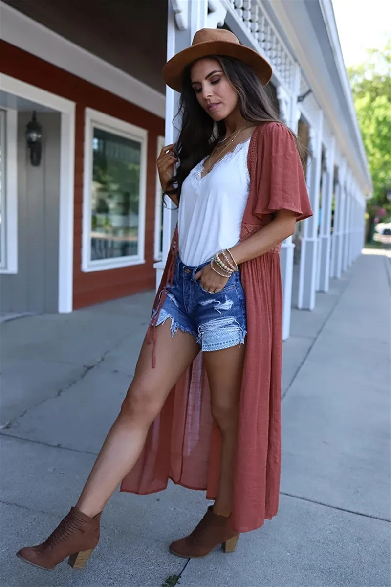 High Quality Solid Color Soft 100%Polyester Women Swimsuit Cover-ups Gown With Lace Tie Flare Sleeve Slip Traditional Swimwear