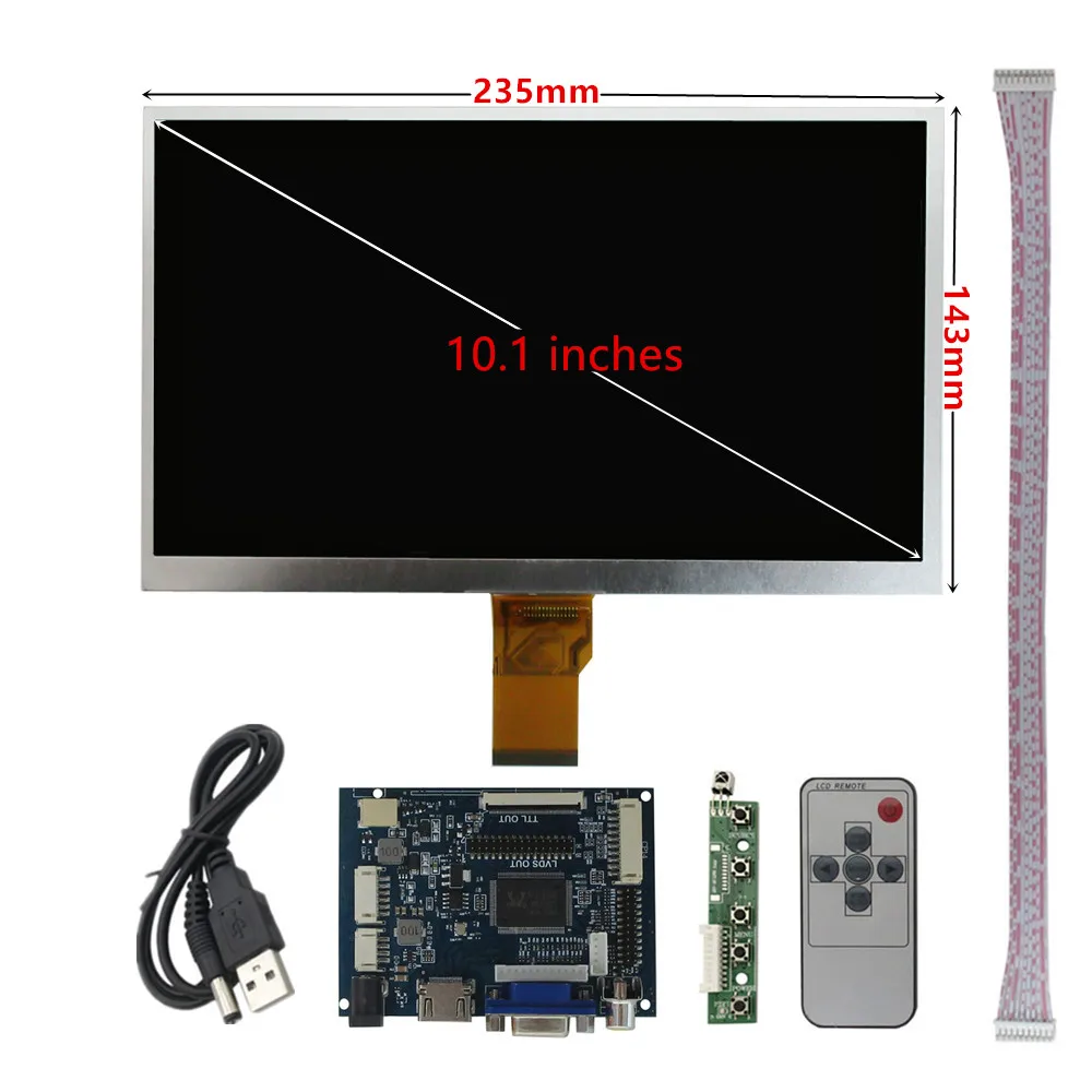 Moniteur d'écran d'affichage LCD, carte de commande de pilote à distance, 2AV, compatible HDMI, VGA pour Raspberry Pi, 10.1 pouces, 1024x600