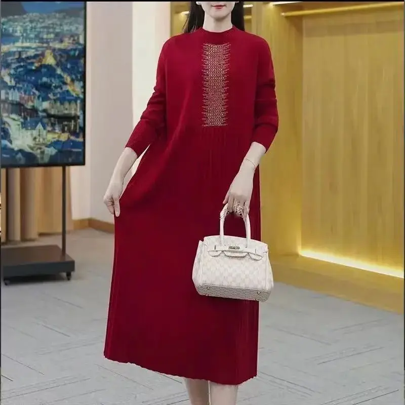 

Autumn Winter 2023 New Oversize Knitting Women Sweater Dresses Vintage Draped Office Lady Elegant Dress