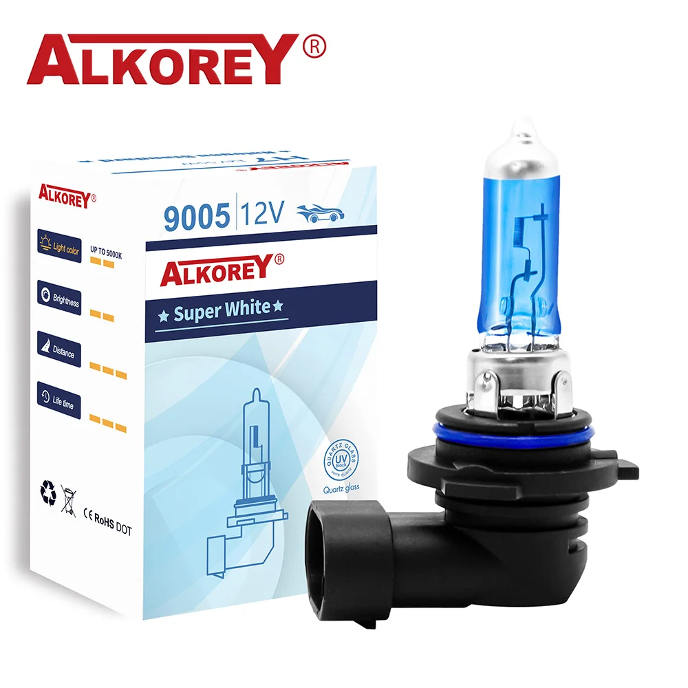 ALKOREY 2 Pcs 9006 HB4 12V 55W 5000K Super White Auto Lights Car Headlight Bulbs Automotive Halogen Lamps 2