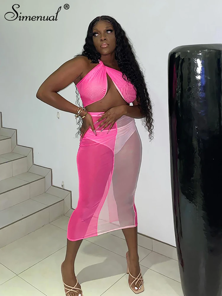 

Simenual Criss Cross Halter Lace Up Women Maxi Dresses Sexy Hollow Out Mesh See Through Comfy Gown Midnight Party Wear Outfits