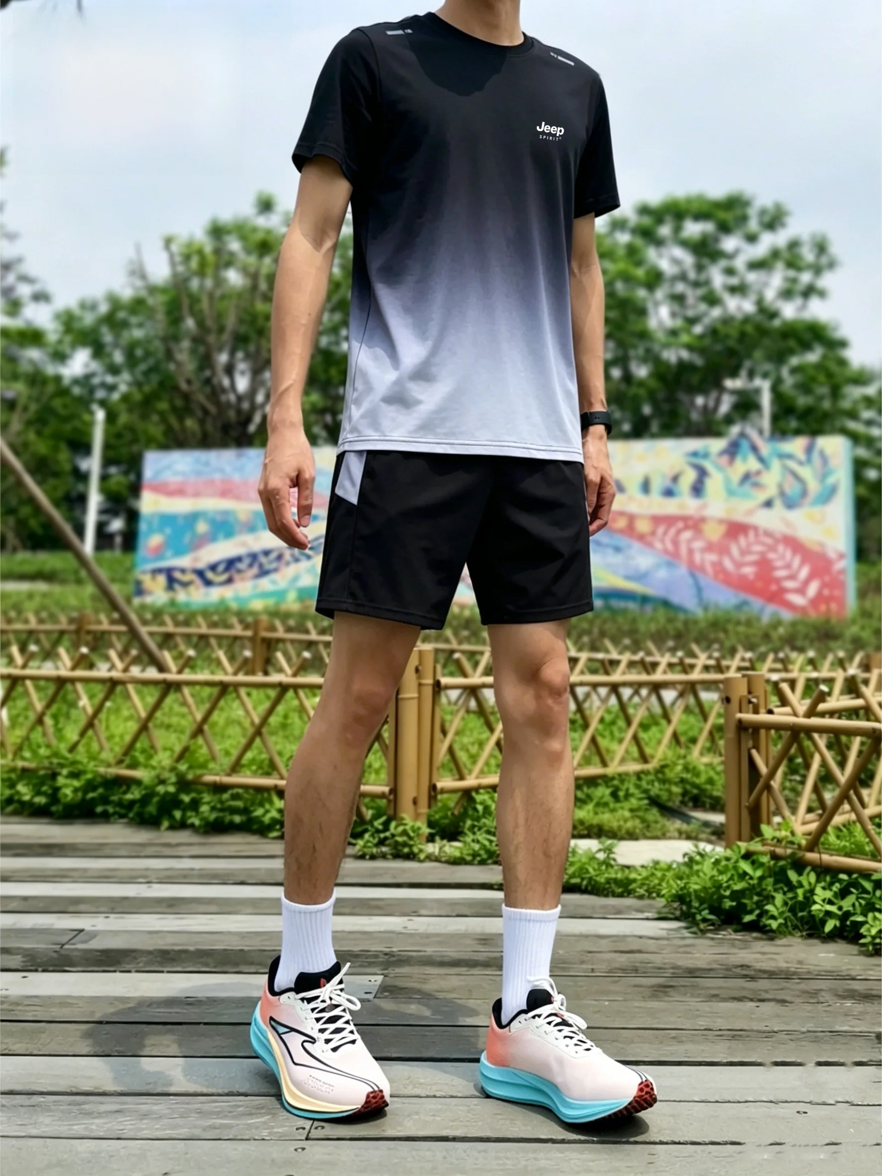Spirit 러닝 트레이닝 아이스 실크 퀵 드라이 반소매 티셔츠 스포츠 슈트 남성용 2피스 세트 여름 새 스타일