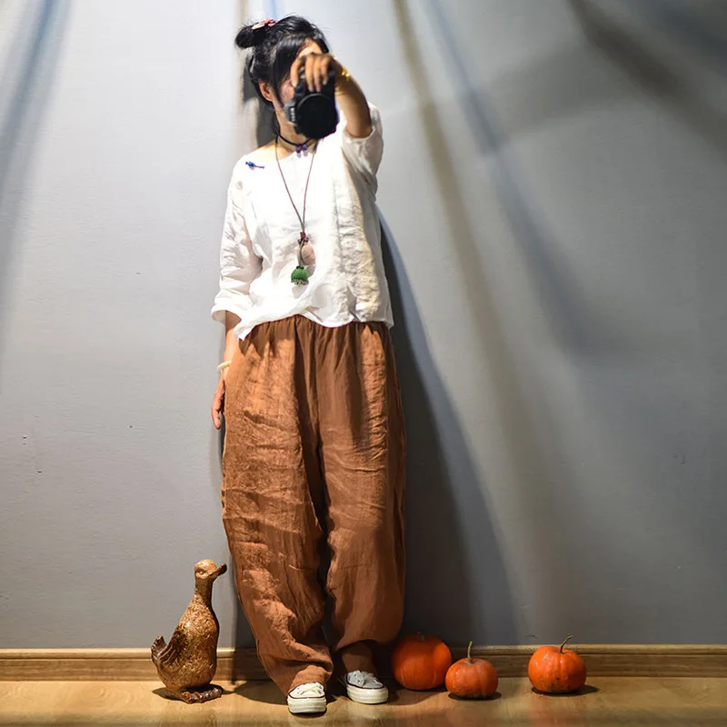 Full Length Retro Elastic Waist Cotton Linen Wide Leg Pants 2022 Spring New Loose Vintage All-match Women Pants RV713 cargo capris