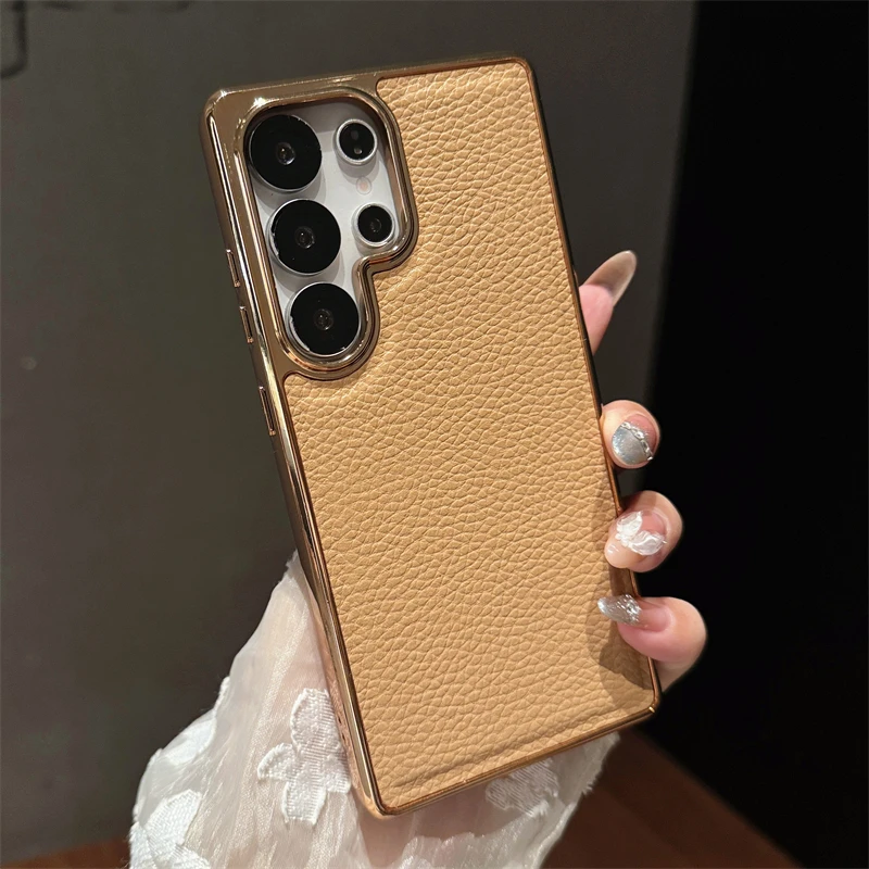 Luxury Electroplated Lychee Pattern Leather Phone Case - Matte Shockproof Cover