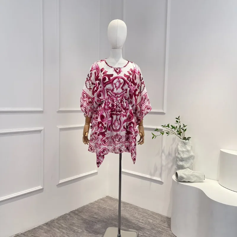 

New Collection Women High Quality Silk Vintage Red Floral Printing Batwing Sleeve O-neck Mini Dress for Spring Summer