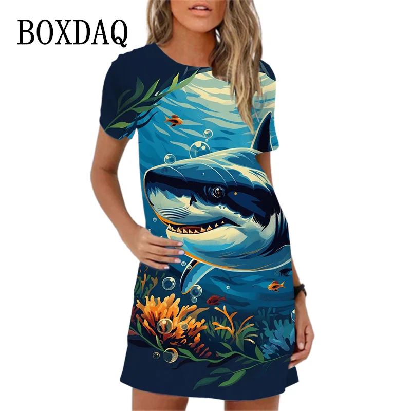 

Ocean World Turtles And Sharks Print Women Dress New 2024 Funny Casual Summer Mini Dress For Woman Short Sleeve Dresses Vestidos