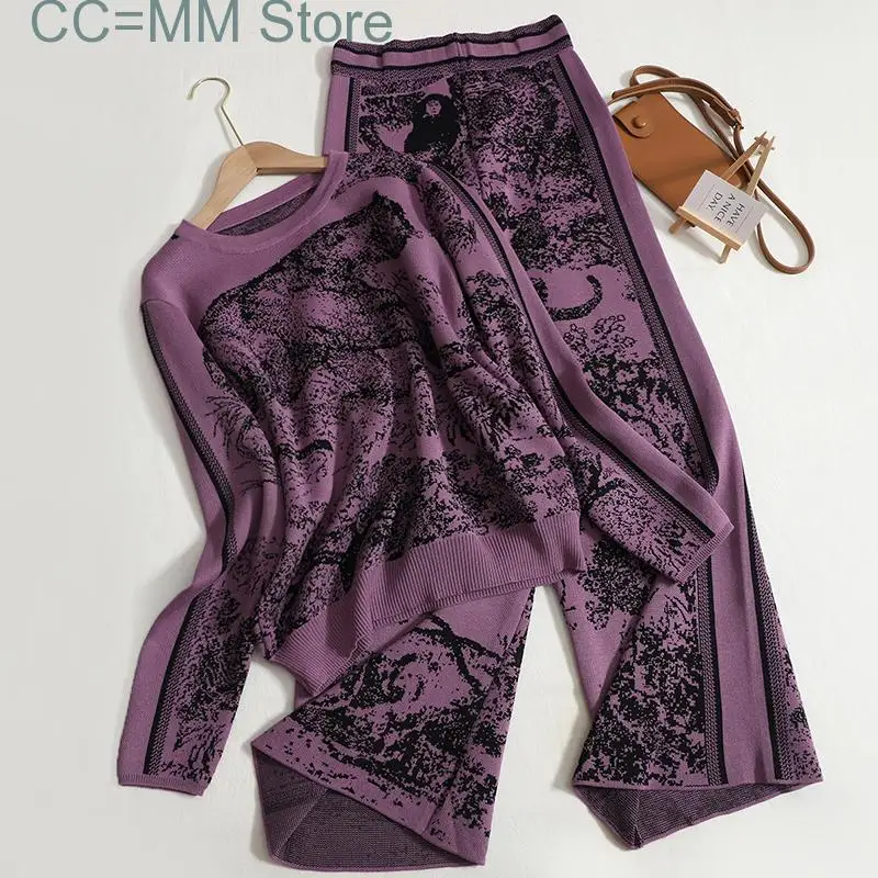 New Long Pants 2 Piece Set for Spring Summer Vintage Print O Neck Long Sleeve Tops High Waist Wide Leg Pants