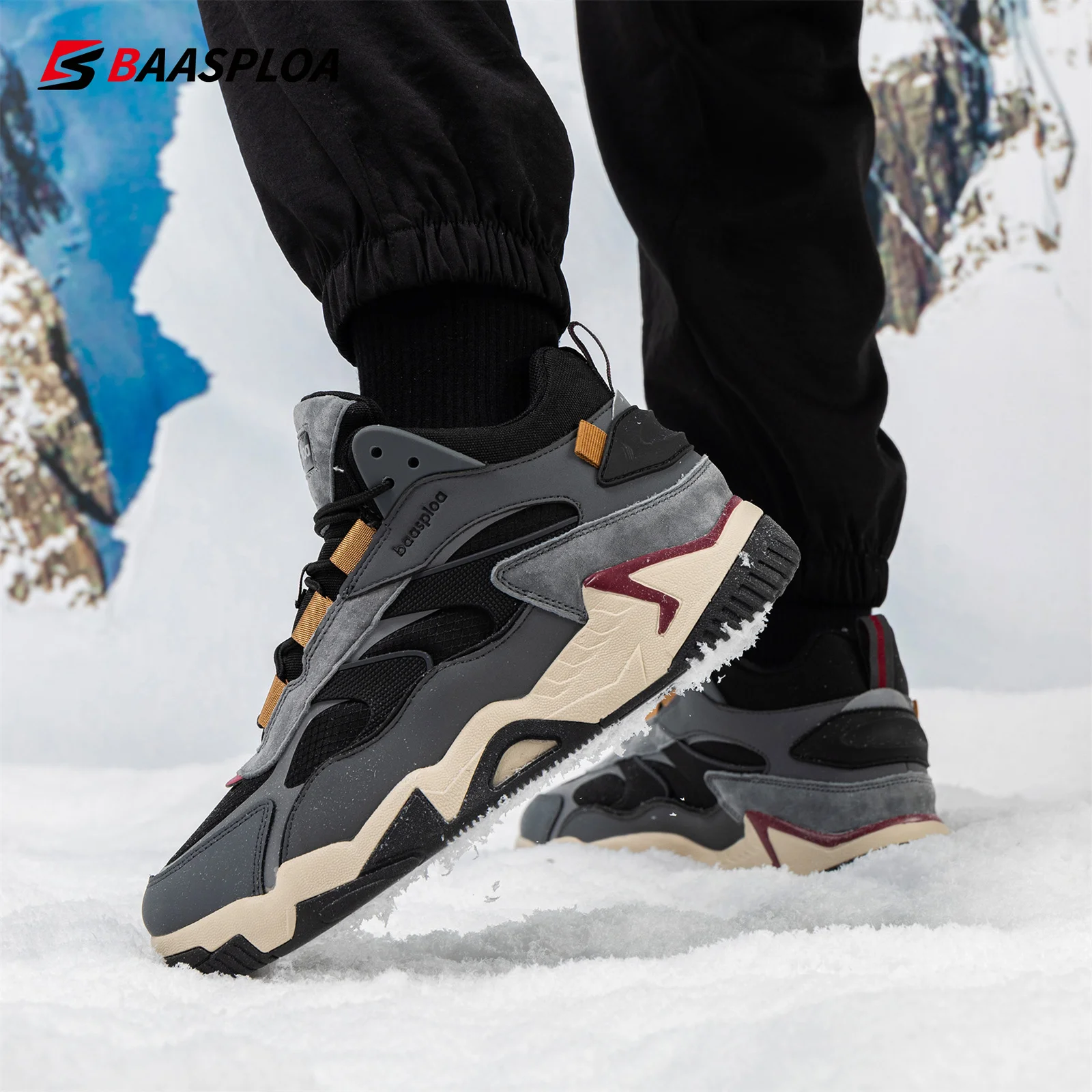 Baasploa Men Winter Sneakers Leather Waterproof Sport Shoes for Men Comfort Plush Warm Male Sneakers Non-Slip Free Shipping