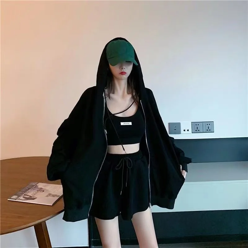 Casual Shorts Three 3 Piece Sets Women Vest Drawstring Shorts Hooded Zipper Jacket Sportswear Suits Female Solid Sports Hoodie plus size loungewear sets